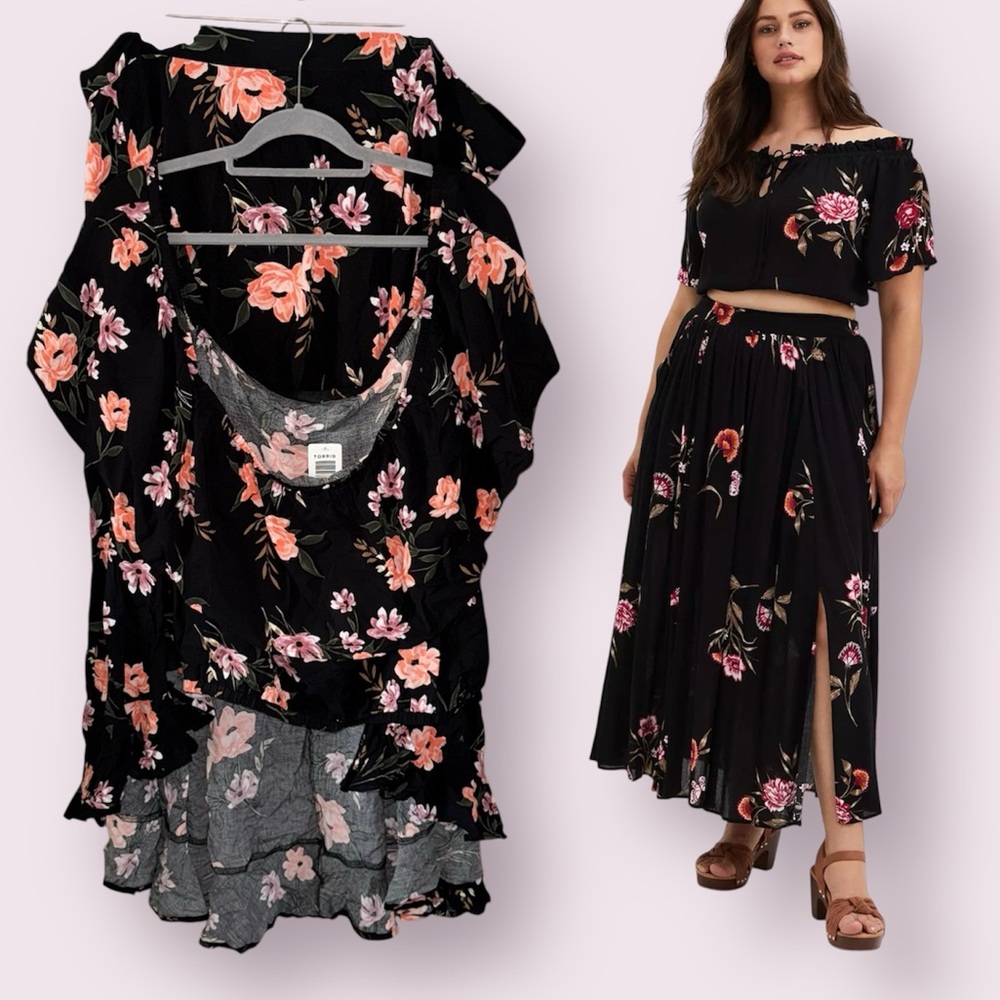 ⬇️Torrid Black and Orange Floral Maxi High Low Skirt Set